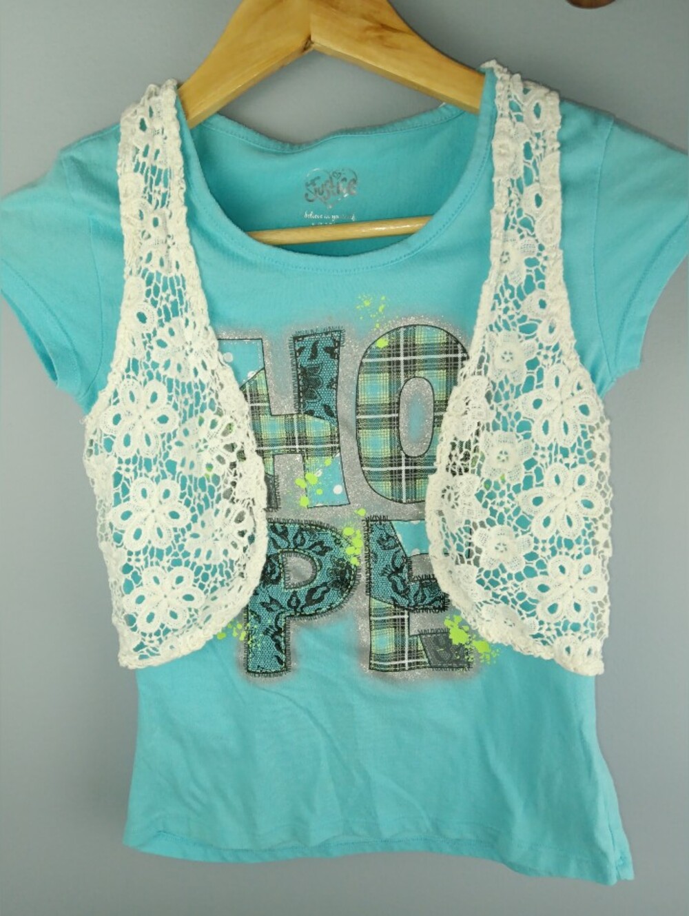 Justice Aqua Graphic Tee with White Crochet Vest